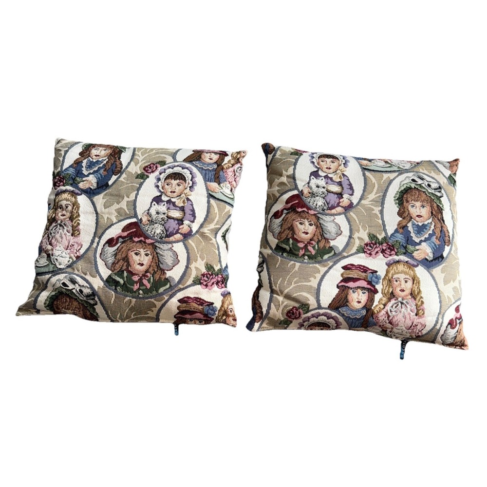 Dakota Tapestry Embroidered Decorative Pillow Set Of 2 Victorian Doll Design 16"